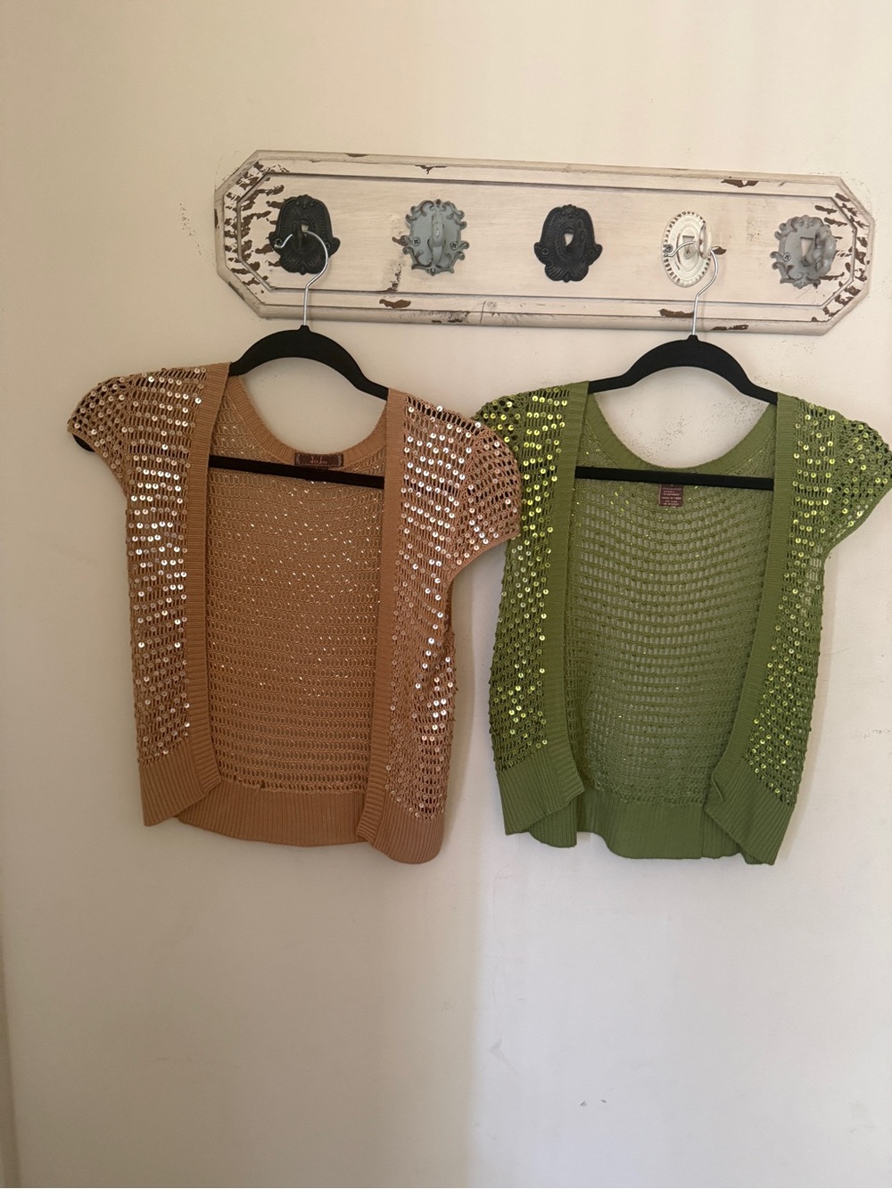 Sequin Embellished Open Knit Cardigans - Tan & Olive Green